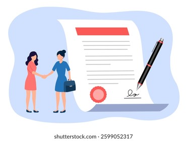 Employment contract agreement, corporate partnership document with signature, new employee signing contract, legal paperwork, recruitment document concept, businesswomen handshake with contract paper.