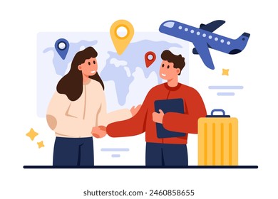 Employment contract with foreign company, consultancy in hiring migrants, brain drain. Handshake of tiny man with suitcase and woman near world map with relocation pins cartoon vector illustration