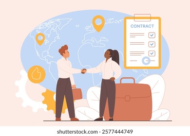 Employment contract with foreign, international company, work visa and brain drain. Handshake agreement of tiny employee and employer by big world map and contract cartoon vector illustration