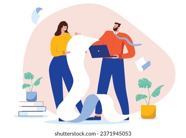 Employment contract - People reading large and long business document while standing. Flat design cartoon style vector illustration with white background