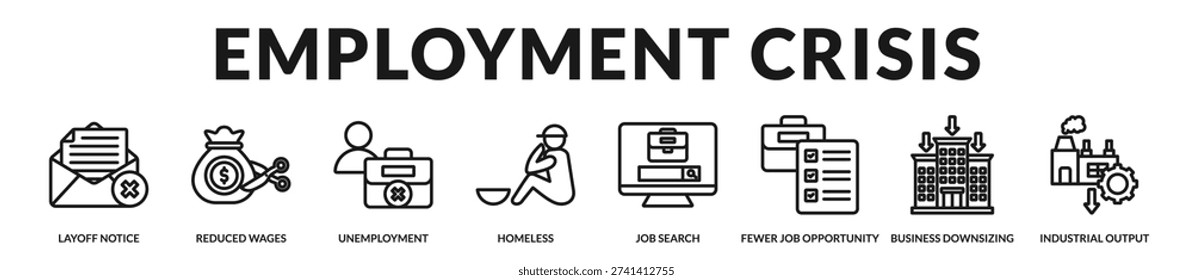 Employment crisis theme capturing workforce contraction, wage pressure, and industrial output decline within recessionary environments. in Lineal Icon Style