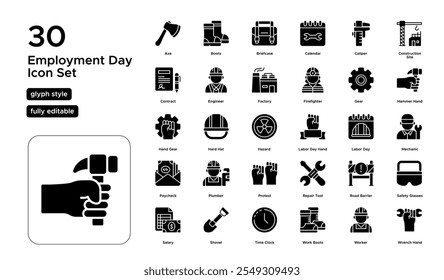 Employment Day Glyph Icon Set: Job Security, Employee Benefits, and Career Growth Icons