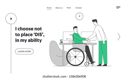 Employment for Disabled People Website Landing Page. Man in Wheelchair Shaking Hand with Partner or Boss in Office, Share Idea and Opinion Web Page Banner. Cartoon Flat Vector Illustration, Line Art