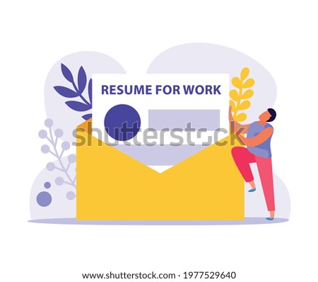 Employment document flat icon with resume for work in envelope and human character vector illustration