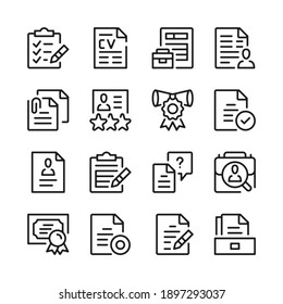 Zeilensymbole für Beschäftigungsdokumente festgelegt. Moderne Grafikdesign-Konzepte, einfache Rahmenelemente-Kollektion. Vektorliniensymbole