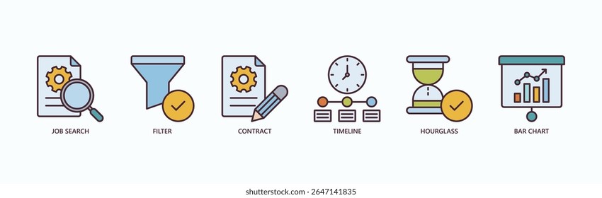 Employment Essentials Icon Set Isolated Vector Illustration Concept With Icon Of Job Search, Filter, Contract, Timeline, Hourglass, Bar Chart In Outline Color Style