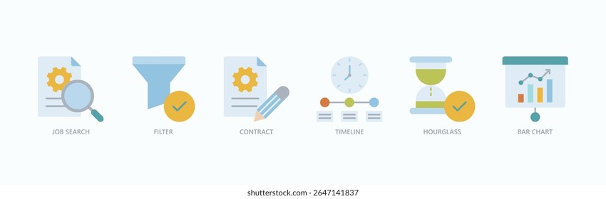 Employment Essentials Icon Set Isolated Vector Illustration Concept With Icon Of Job Search, Filter, Contract, Timeline, Hourglass, Bar Chart In Flat Style