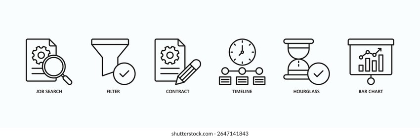 Employment Essentials Icon Set Isolated Vector Illustration Concept With Icon Of Job Search, Filter, Contract, Timeline, Hourglass, Bar Chart In Outline Style
