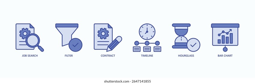 Employment Essentials Icon Set Isolated Vector Illustration Concept With Icon Of Job Search, Filter, Contract, Timeline, Hourglass, Bar Chart In Blue Style