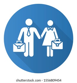 Employment gender equality blue flat design long shadow glyph icon. Woman and man equal work rights. Female and male career path. Business industry. Feminism, democracy. Vector silhouette illustration