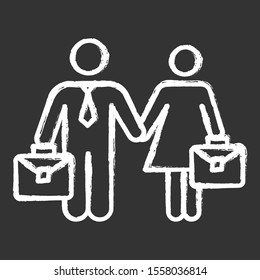 Employment gender equality chalk icon. Woman and man equal work rights. Female and male career path. Business industry. Businessman, businesswoman. Isolated vector chalkboard illustration