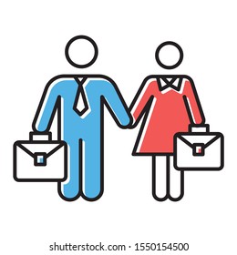 Employment gender equality color icon. Woman and man equal work rights. Female and male career path. Business industry. Businessman, businesswoman. Feminism, democracy. Isolated vector illustration