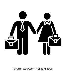 Employment gender equality glyph icon. Woman and man equal work rights. Female and male career. Businessman, businesswoman. Feminism. Silhouette symbol. Negative space. Vector isolated illustration