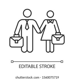 Employment gender equality linear icon. Woman, man work rights. Female, male career path. Business industry. Thin line illustration. Contour symbol. Vector isolated outline drawing. Editable stroke