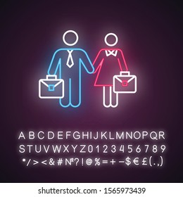 Employment gender equality neon light icon. Woman and man equal work rights. Businessman, businesswoman. Glowing sign with alphabet, numbers and symbols. Vector isolated illustration