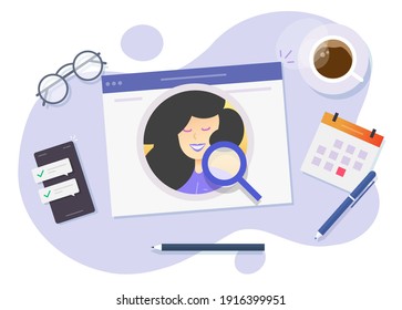 Employment or human resources concept vector flat cartoon, choose candidate or person search, hiring service, find or customer audit, selecting or auditing employee, personal review 