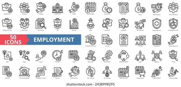 Employment icon collection set. Containing recruitment, job, business, labor, job search, corporation, human resources icon. Simple line vector illustration.