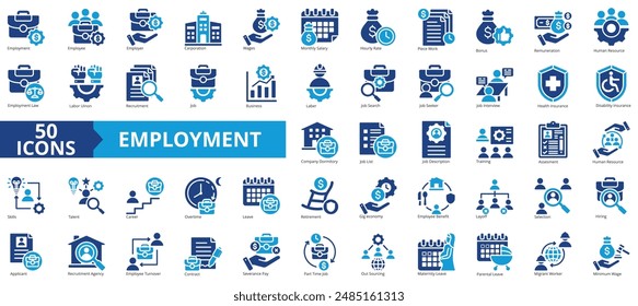 Employment icon collection set. Containing recruitment, job, business, labor, job search, corporation, human resources icon. Simple flat vector illustration.