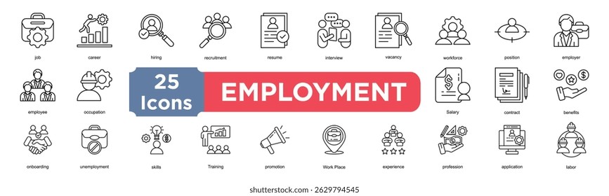 Conjunto de coleta de ícone de emprego. Ícone contendo cargo,carreira,contratação,recrutamento,currículo,entrevista,vaga,força de trabalho,posição,empregador,funcionário. Vetor de linha simples.