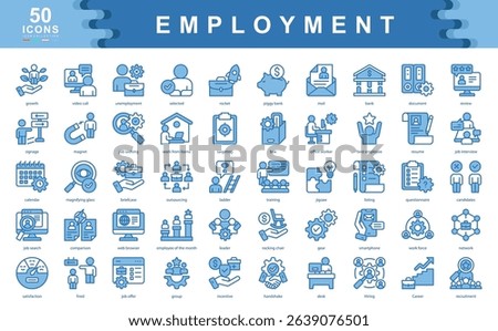 The Employment icon set captures essential elements of hiring, workforce dynamics, and job search. Ideal for recruitment platforms, career planning, and human resource development.