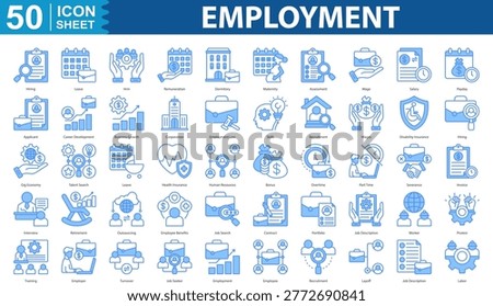 Employment Icon Set Collection. Containing hiring, leave,  remuneration, dormitory, maternity, assessment, wage, salary, payday, applicant, career development Icon