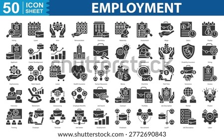 Employment Icon Set Collection. Containing hiring, leave,  remuneration, dormitory, maternity, assessment, wage, salary, payday, applicant, career development Icon