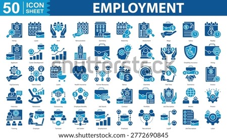 Employment Icon Set Collection. Containing hiring, leave,  remuneration, dormitory, maternity, assessment, wage, salary, payday, applicant, career development Icon