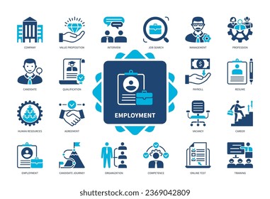 Employment icon set. Job Search, Value Proposition, Resume, Interview, Qualification, Profession, Agreement, Career. Duotone color solid icons