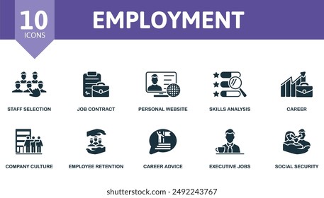 Employment icon set. Staff Selection, Job Contract, Personal Website, Skills Analysis, Career, Company Culture, Employee Retention, Career Advice, Executive Jobs, Social Security icons.