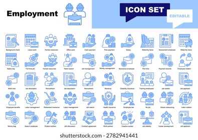Employment icon set. Vector icons for Recruitment, Leave work, Office work, payment, Salary, Assessment, Maternity leave, Human resources, Talent search, Job management, Severance