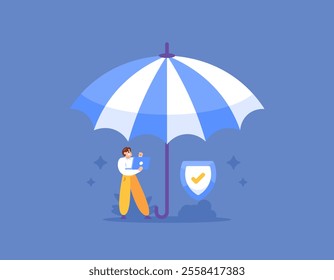 employment insurance concept. guarantee and protection for employees or workers from risks and dangers. illustration of a man with an umbrella and shield. flat style design. elements