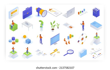 Employment isometric icon set, vector illustration. Free vacancy, resume, career, human resource, recruiting, job search