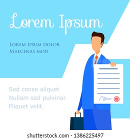 Employment, Labor Lawyer, Advisor Company Poster. Young Advocate Holding Signed Law Document. Insurance Agent Showing Agreement, Contract Web Banner with Text Space. Notary Worker Cartoon Character