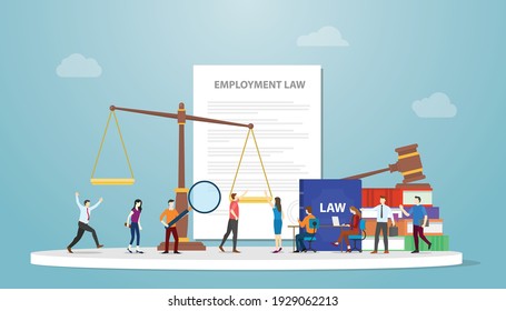 employment law concept with document paper and gavel scales and people employee with modern flat style