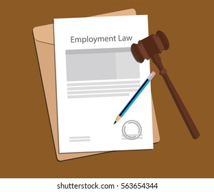 Employment Law Concept Illustration With Paperworks, Pen And A Judge Hammer 