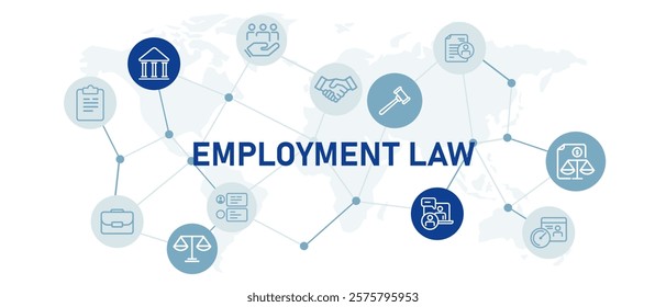 Employment Law labor policies flat header worker rights legal business employee compliance to regulation connected icon white background