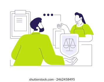 Ilustración vectorial abstracta del concepto de abogado de empleo. Mujer hablando con el abogado sobre los derechos de los empleados, la igualdad de los empresarios, el servicio jurídico, la banca y el sector financiero metáfora abstracta.