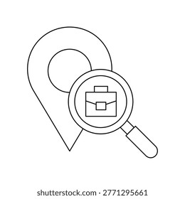 Employment and location tracking icon featuring a magnifying glass zooming in on a business briefcase inside a map pointer. Represents local job search, recruitment services, hiring nearby, and finding professional opportunities.Editable stroke, Vector illustration, Line art Icon, Symbols.