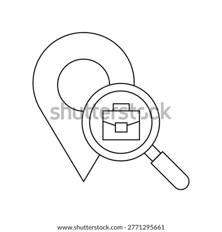 Employment and location tracking icon featuring a magnifying glass zooming in on a business briefcase inside a map pointer. Represents local job search, recruitment services, hiring nearby, and finding professional opportunities.Editable stroke, Vector illustration, Line art Icon, Symbols.