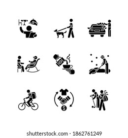 Employment opportunities black glyph icons set on white space. Restaurant host and hostess. Dog walker. Carwasher. Senior citizen socializer. Barista. Silhouette symbols. Vector isolated illustration