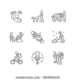 Employment opportunities linear icons set. Restaurant host and hostess. Dog walker. Car washer. Barista. Customizable thin line contour symbols. Isolated vector outline illustrations. Editable stroke