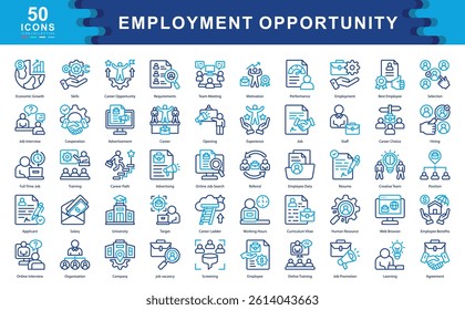 Employment Opportunity color icon set showcases key elements of modern recruitment such as resumes, interviews, and employee benefits ideal for HR, staffing agencies, and career development platforms.