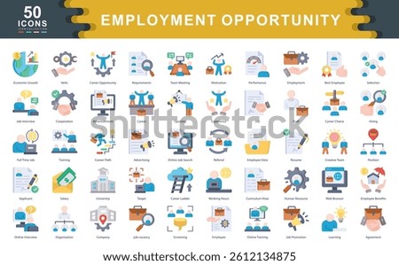 The Employment Opportunity flat icon set showcases key elements of modern recruitment such as resumes, interviews, and employee benefits ideal for HR, staffing agencies, career development platforms.