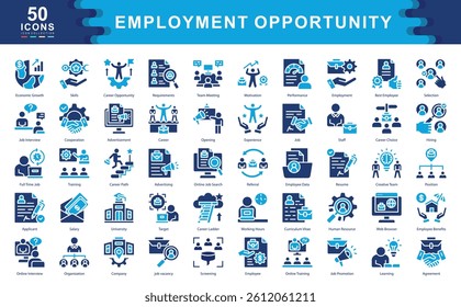 The Employment Opportunity icon set showcases key elements of modern recruitment such as resumes, interviews, and employee benefits ideal for HR, staffing agencies, and career development platforms.