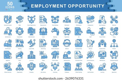 The Employment Opportunity icon set showcases key elements of modern recruitment such as resumes, interviews, and employee benefits ideal for HR, staffing agencies, and career development platforms.