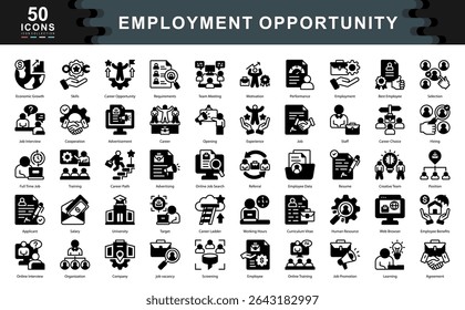 The Employment Opportunity icon set showcases key elements of modern recruitment such as resumes, interviews, and employee benefits ideal for HR, staffing agencies, and career development platforms.