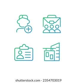 Juego de iconos vectoriales lineales de gradiente perfecto para píxeles de empleo. Personal de la empresa. Contratación de empleados. Entorno laboral. El símbolo de contorno delgado diseña el paquete. Colección de ilustraciones de esquema aisladas