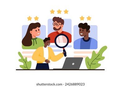 Employment problem, discrimination and prejudice against nationality or gender. Tiny recruiter with magnifying glass rating CV of diverse candidates group with stars cartoon vector illustration