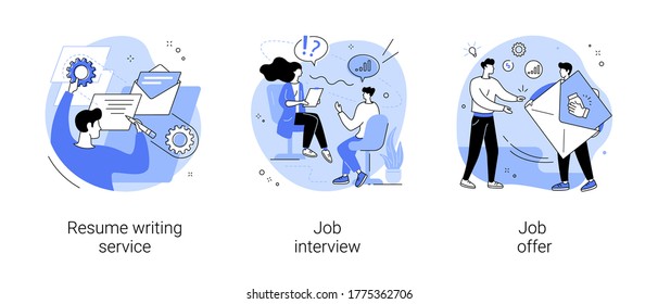 Employment process abstract concept vector illustration set. Resume writing service, job interview, job offer, CV online, cover letter, candidate profile, recruiter, hiring manager abstract metaphor.