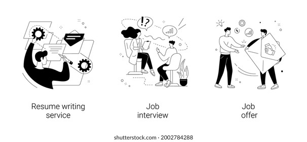 Employment process abstract concept vector illustration set. Resume writing service, job interview, job offer, CV online, cover letter, candidate profile, recruiter, hiring manager abstract metaphor.